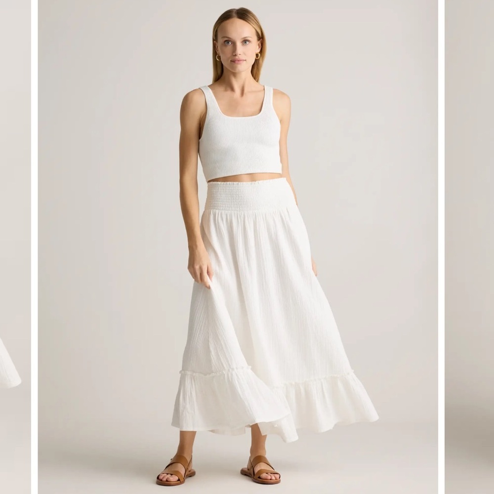 Quince Organic Cotton Gauze White Smocked Maxi Skirt with Ruffle Hem